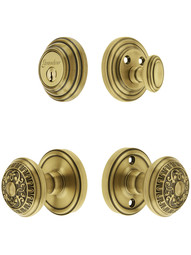 Grandeur Georgetown Entry Door Set, Keyed Alike with Windsor Knobs in Antique Brass.